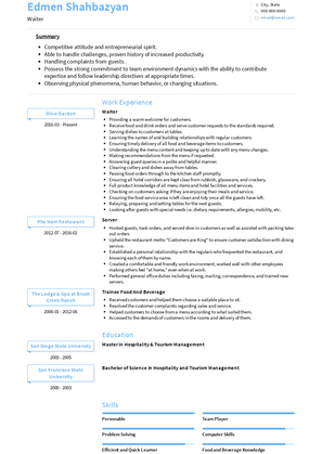Waiter Resume Sample and Template