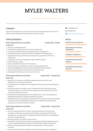 Senior Human Resources Consultant Resume Sample and Template