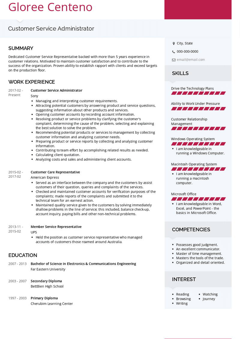 Customer Service Administrator Resume Sample and Template