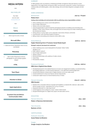 Social Media Intern Resume Sample and Template