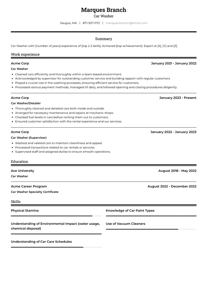 Car Washer Resume Sample and Template