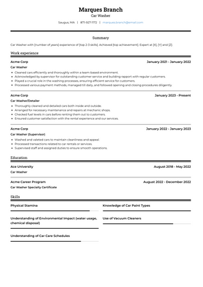 Car Washer Resume Sample and Template