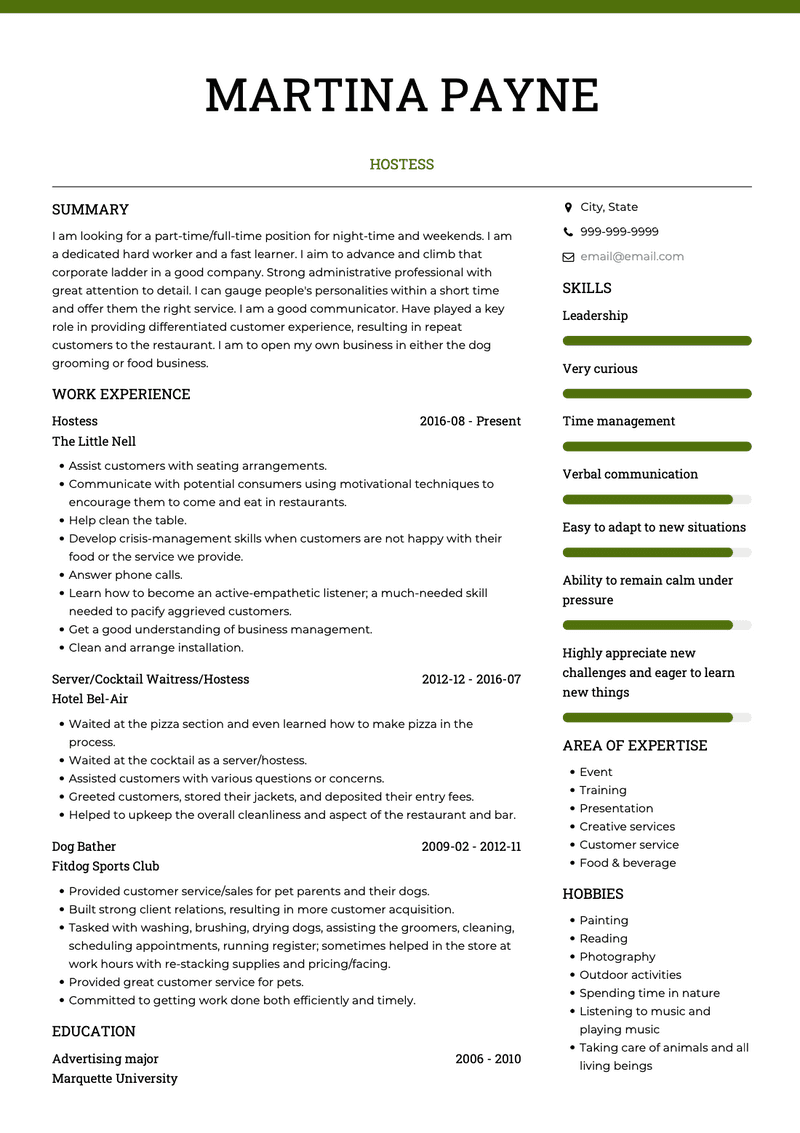 Hostess CV Example and Template