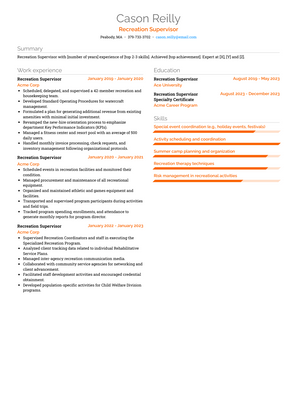 Recreation Supervisor Resume Sample and Template