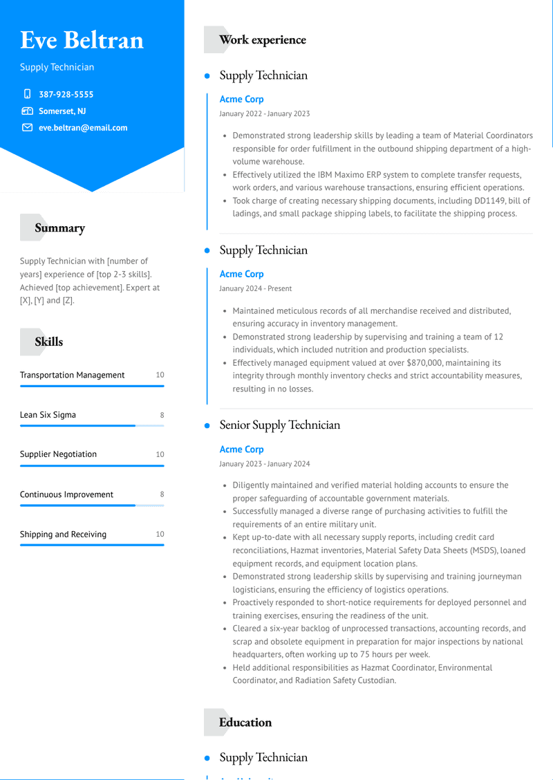 Supply Technician Resume Sample and Template