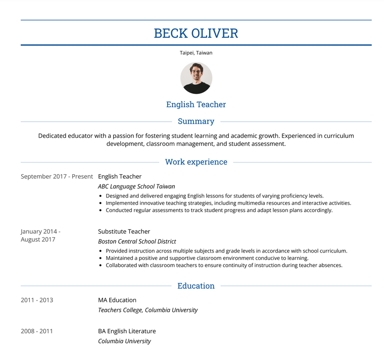 Taiwan Resume Example - Teacher