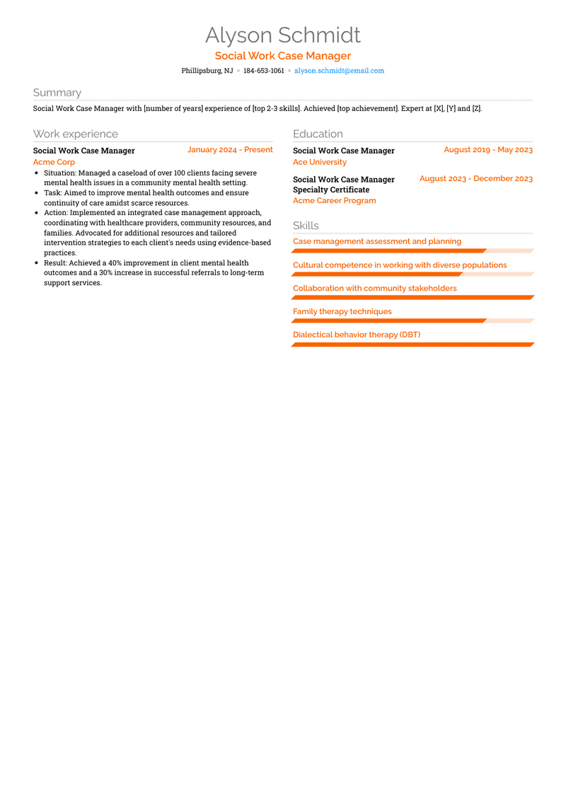 Social Work Case Manager Resume Sample and Template