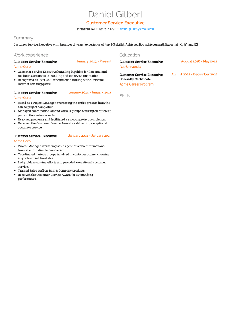 Customer Service Executive Resume Sample and Template