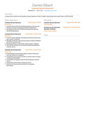 Customer Service Executive Resume Sample and Template