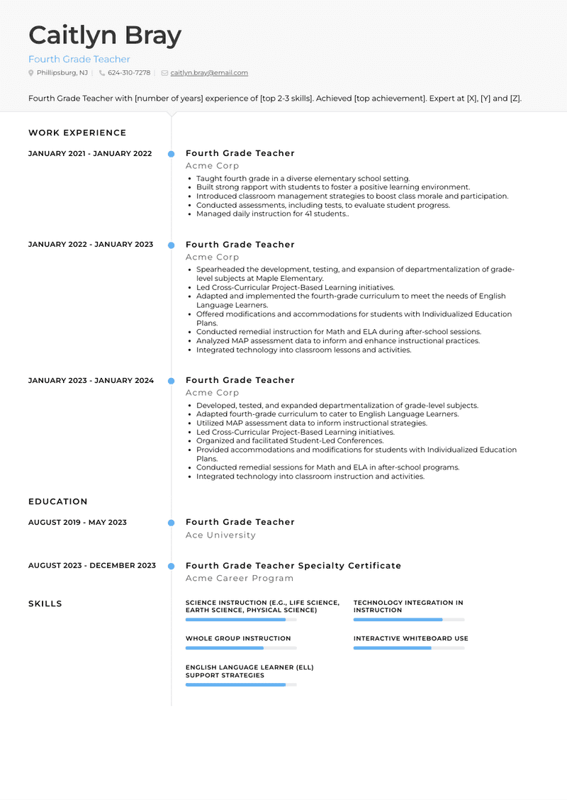 Fourth Grade Teacher Resume Sample and Template