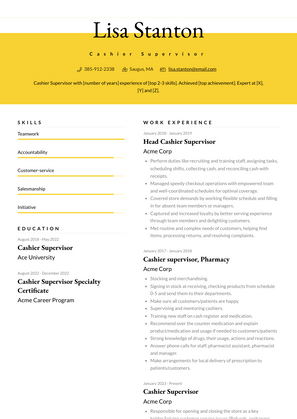 Cashier Supervisor Resume Sample and Template