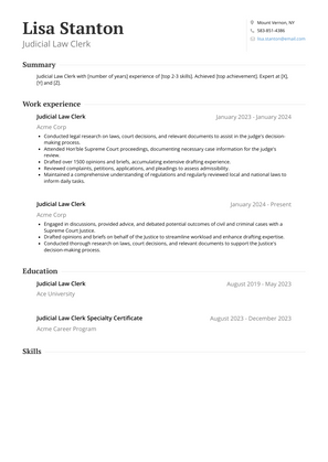 Judicial Law Clerk Resume Sample and Template