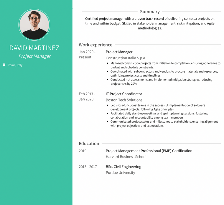 Italy Resume Example - Project Manager
