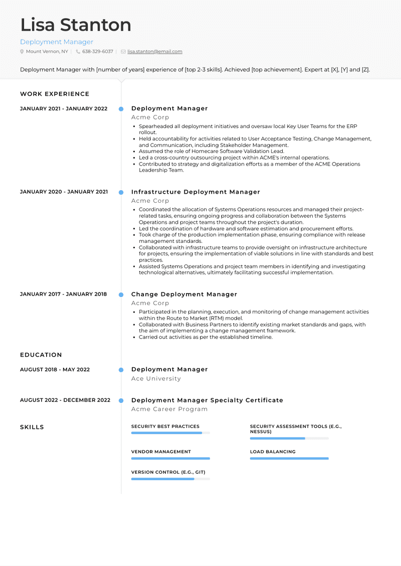 Deployment Manager Resume Sample and Template