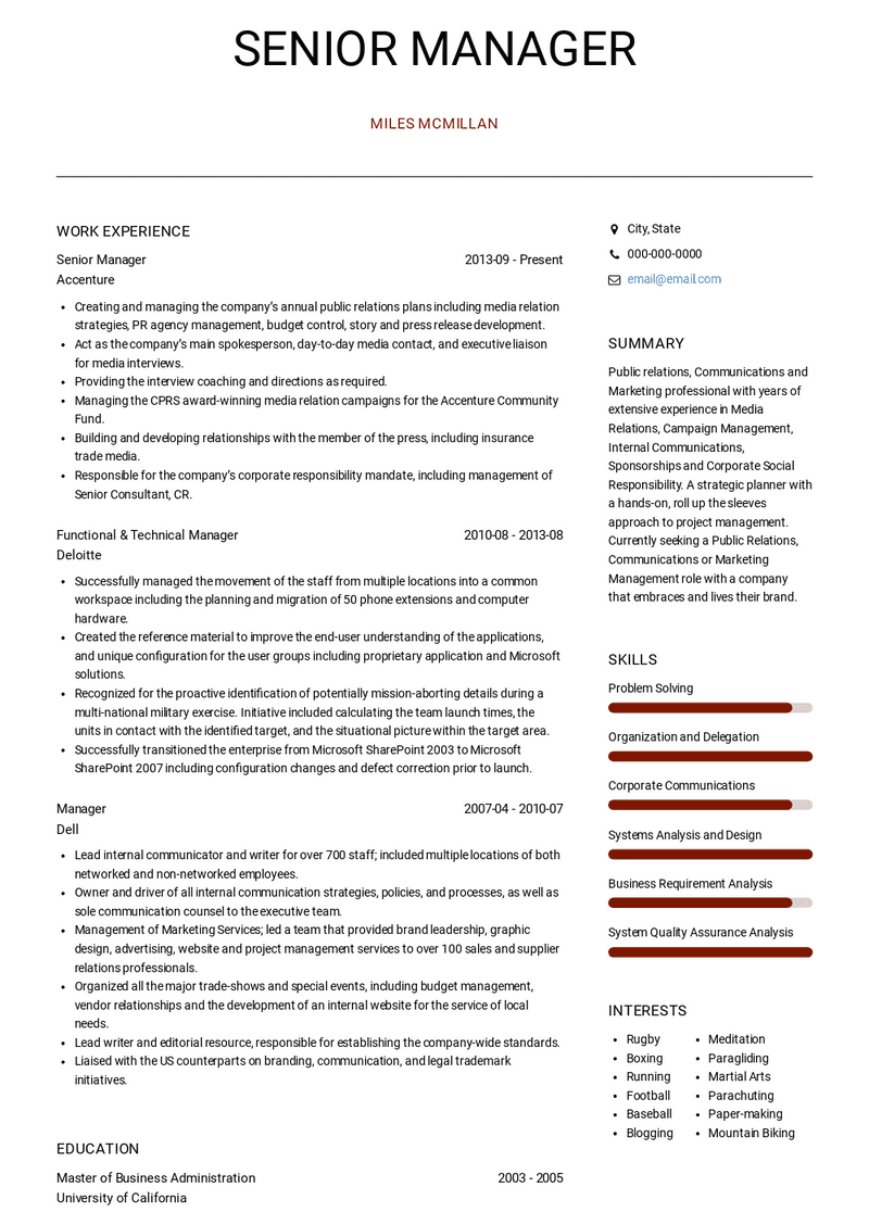 Senior Manager Resume Sample and Template