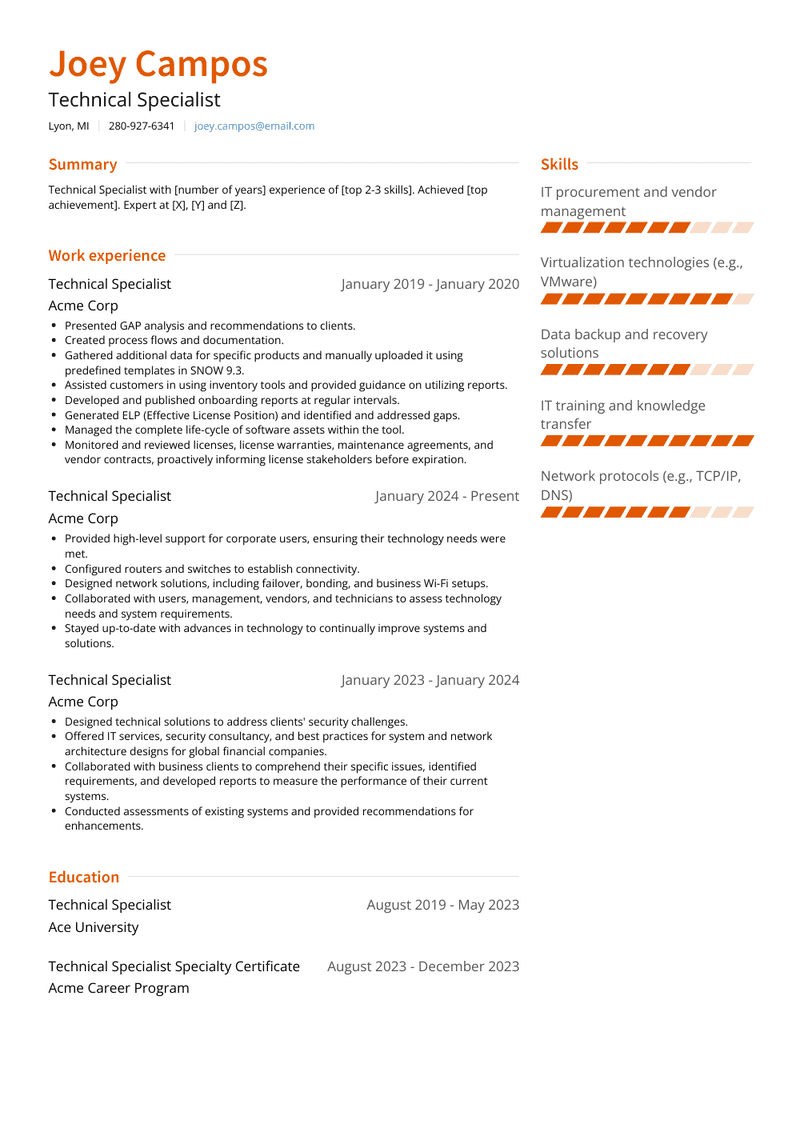 Technical Specialist Resume Sample and Template