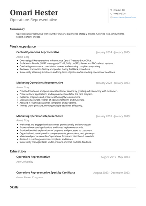 Operations Representative Resume Sample and Template