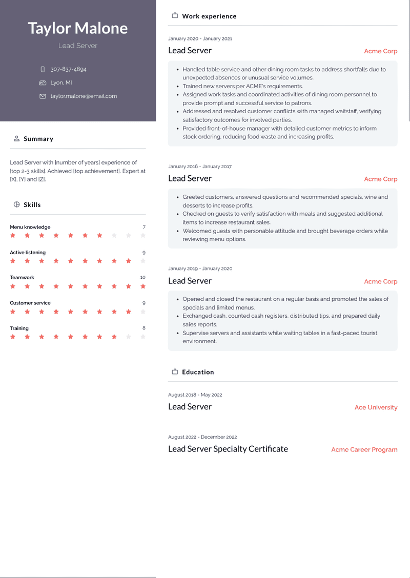 Lead Server Resume Sample and Template