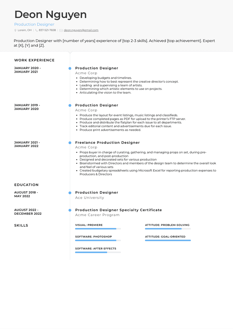 Production Designer Resume Sample and Template