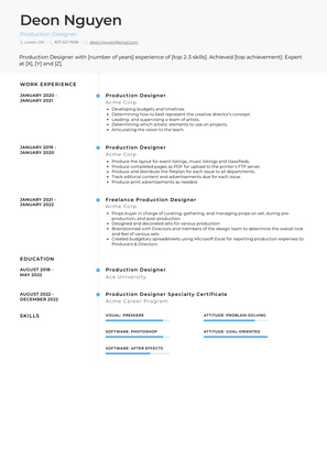 Production Designer Resume Sample and Template