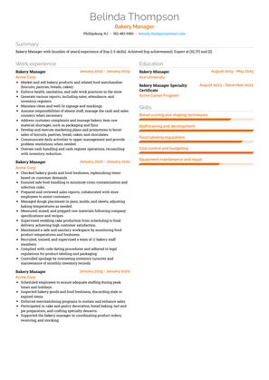 Bakery Manager Resume Sample and Template
