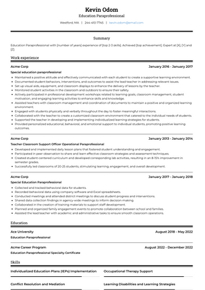 Education Paraprofessional Resume Sample and Template