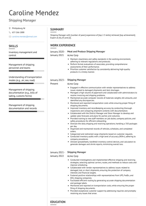 Shipping Manager Resume Sample and Template