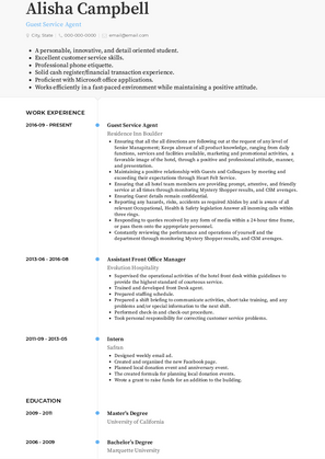 Guest Service Agent Resume Sample and Template