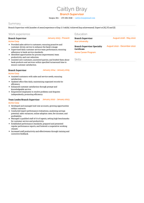 Branch Supervisor Resume Sample and Template