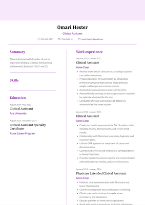 Clinical Assistant Resume Sample and Template