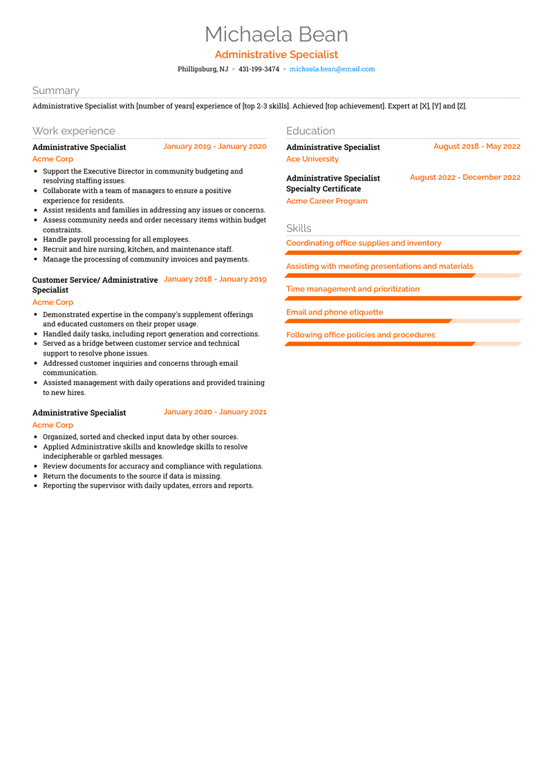 Administrative Specialist Resume Sample and Template