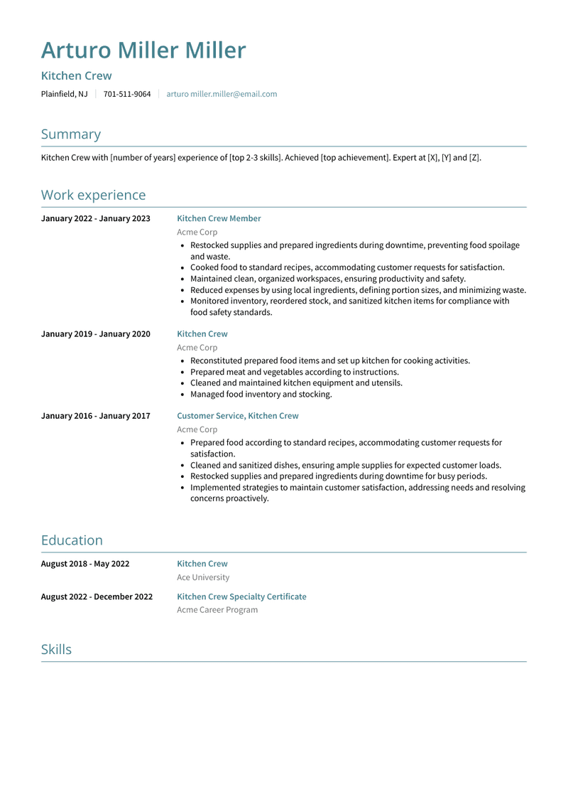 Kitchen Crew Resume Sample and Template