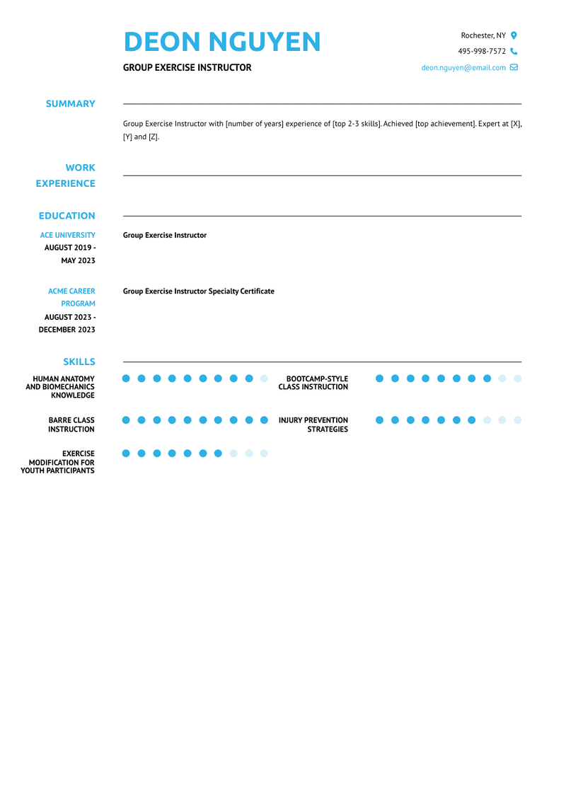 Group Exercise Instructor Resume Sample and Template