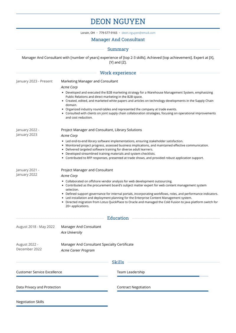 Manager And Consultant Resume Sample and Template