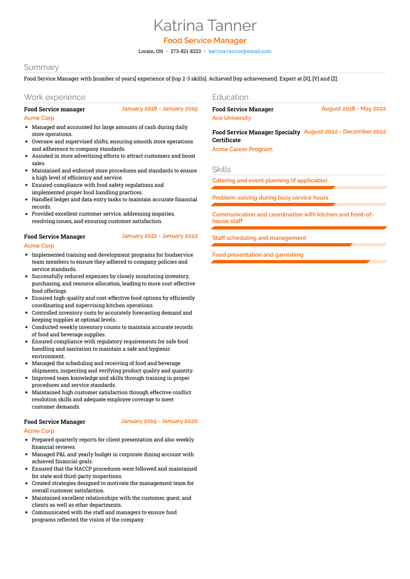 Food Service Manager Resume Sample and Template