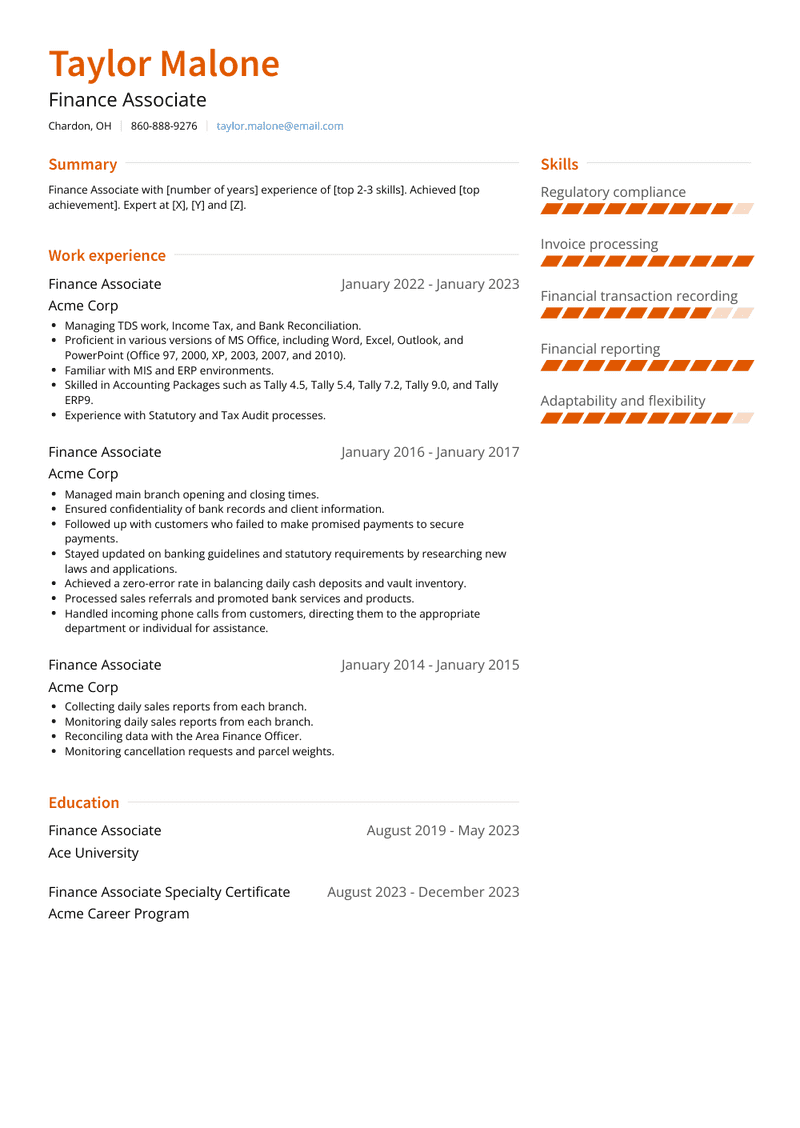 Finance Associate Resume Sample and Template