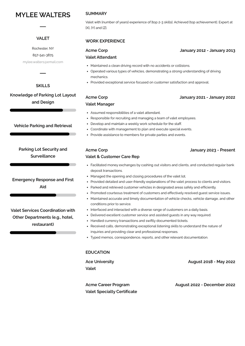 Valet Resume Sample and Template