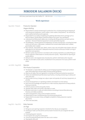 Production Operator Resume Sample and Template