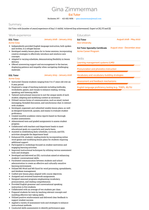 Esl Tutor Resume Sample and Template