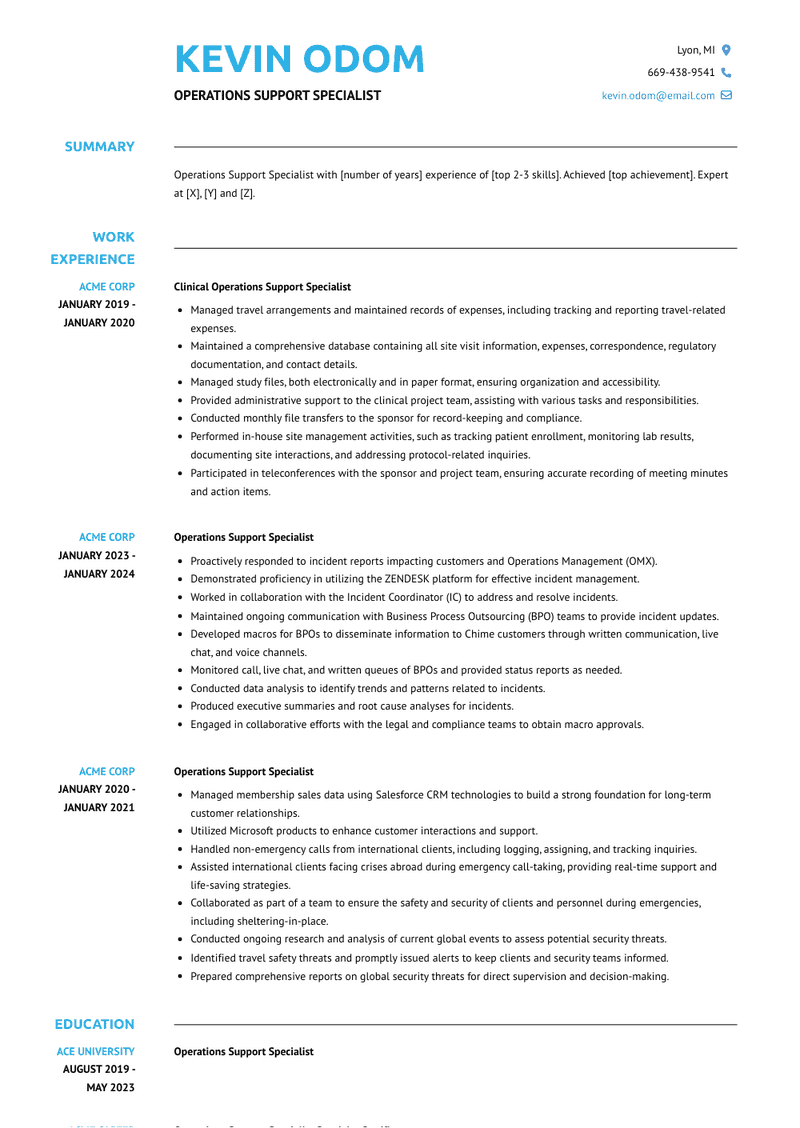 Operations Support Specialist Resume Sample and Template