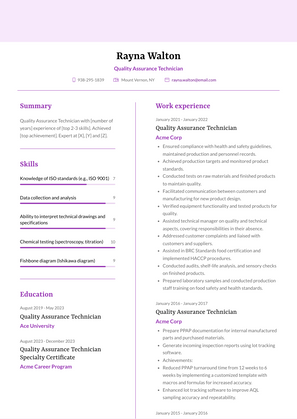 Quality Assurance Technician Resume Sample and Template