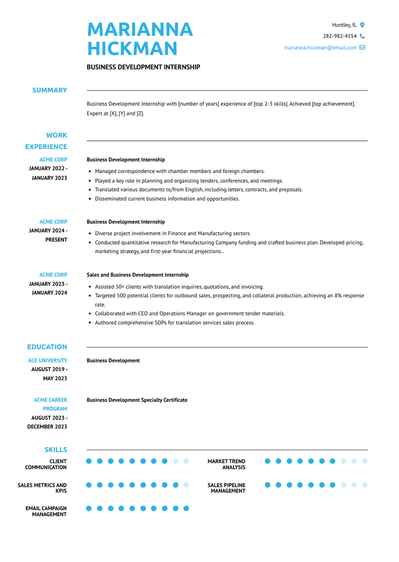 Business Development Internship Resume Sample and Template