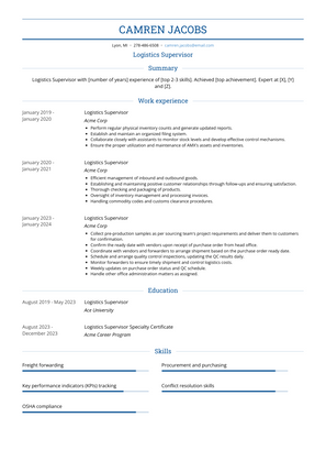 Logistics Supervisor Resume Sample and Template