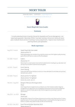Sweet Shop/Cafe Crew Leader Resume Sample and Template