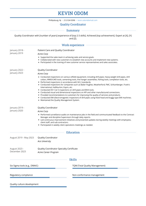 Quality Coordinator Resume Sample and Template