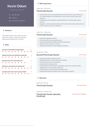 Third Grade Teacher Resume Sample and Template