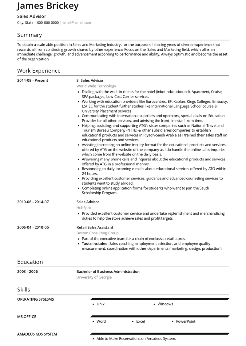 Sales Advisor Resume Sample and Template