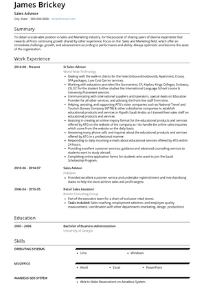 Sales Advisor Resume Sample and Template