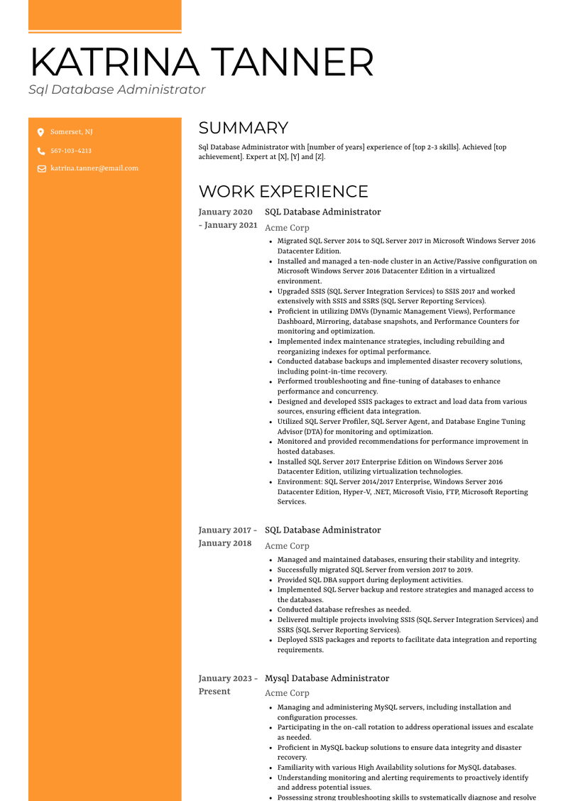 Sql Database Administrator Resume Sample and Template
