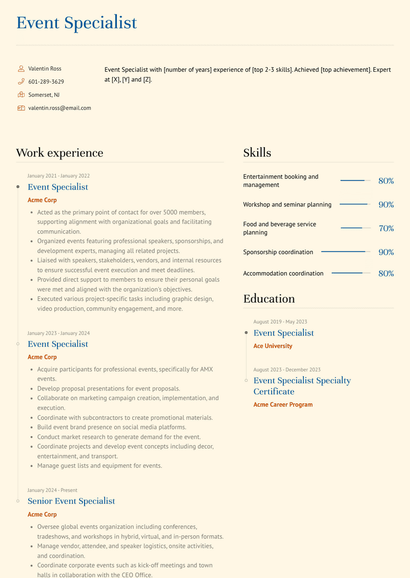 Event Specialist Resume Sample and Template